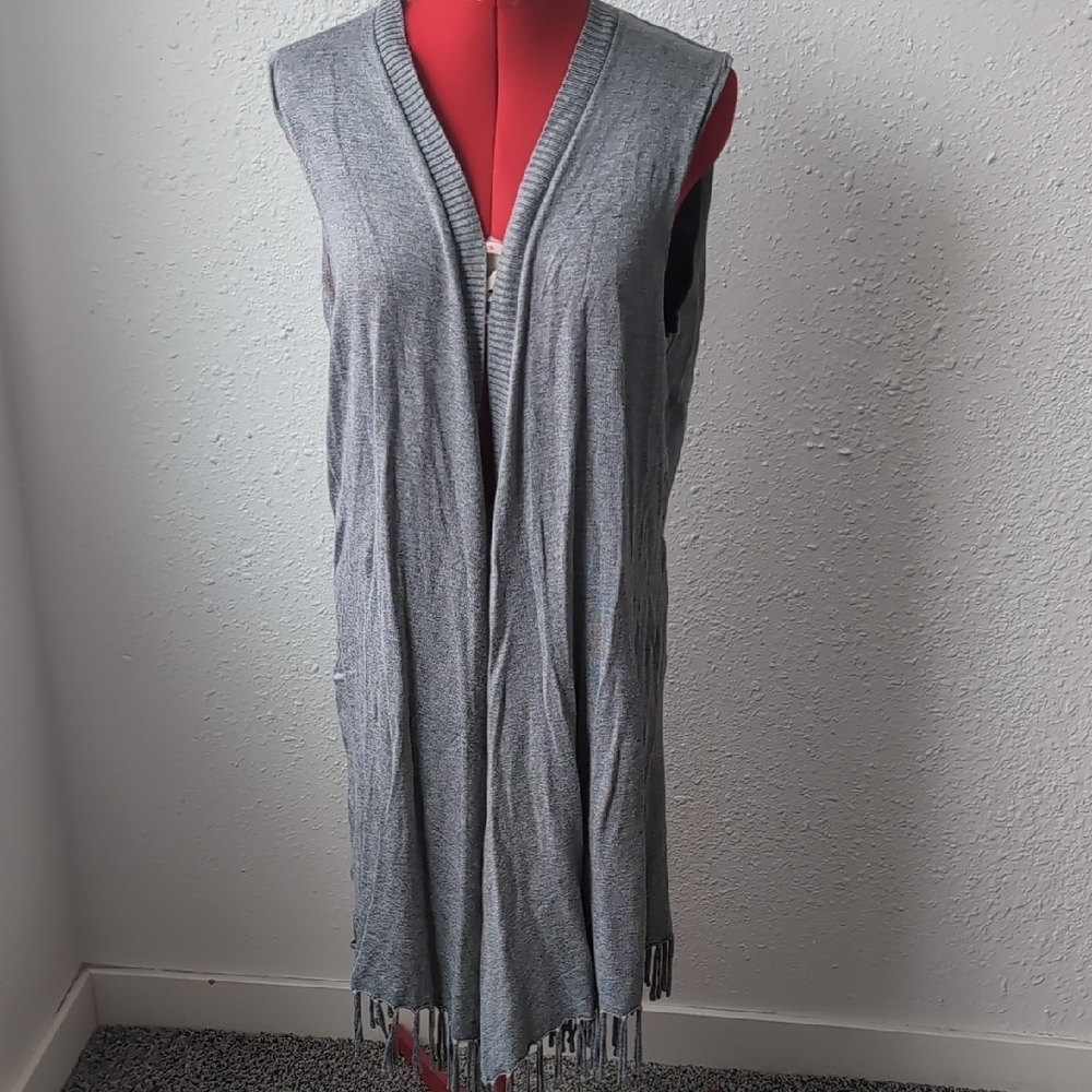 Ana Couture Gray Sleeveless Cardigan With Fringe, Women's Large